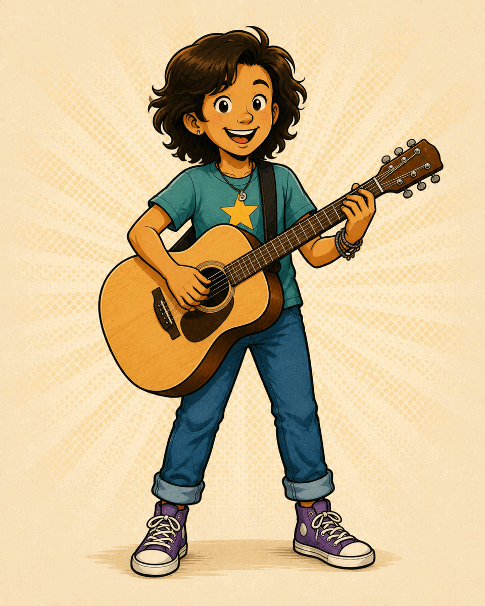Illustrated young musician exploring a guitar.