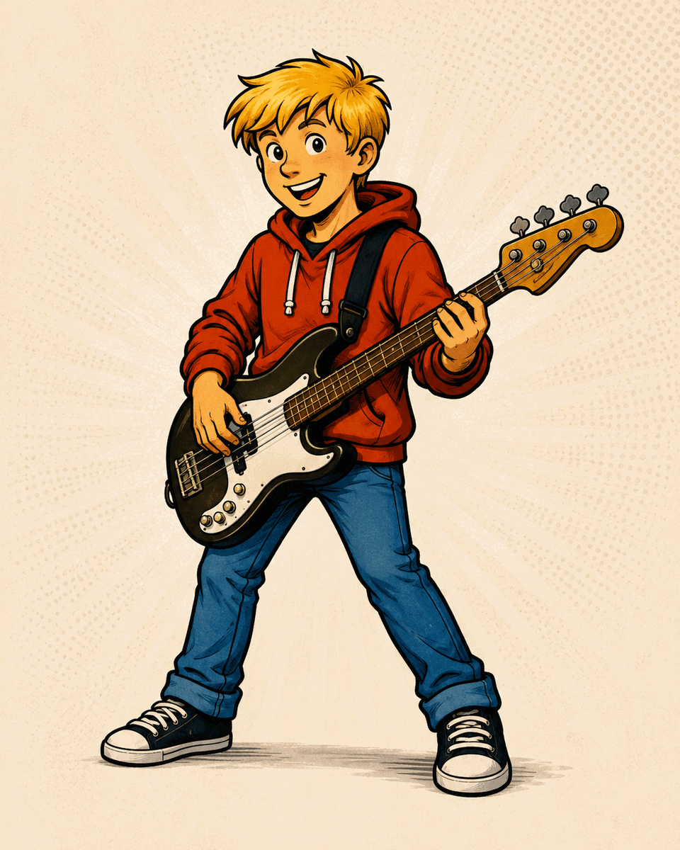 Illustrated young musician playing bass guitar.