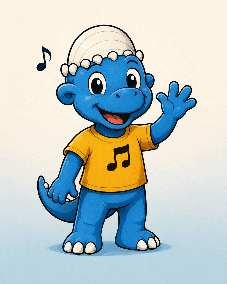 Friendly blue dinosaur mascot playing music.