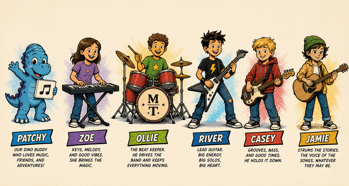 Illustrated young musicians performing together in a band.