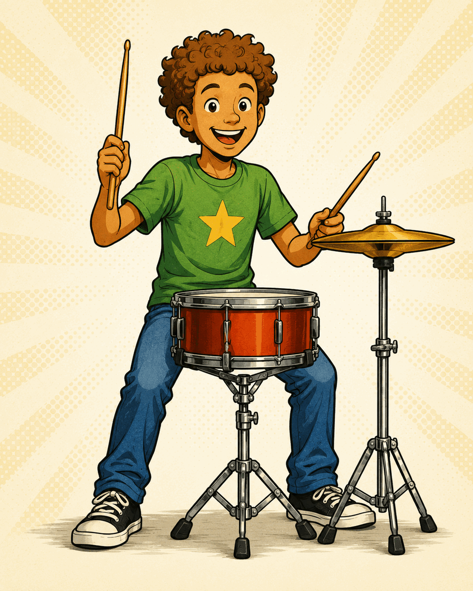 Illustrated young musician playing drums.