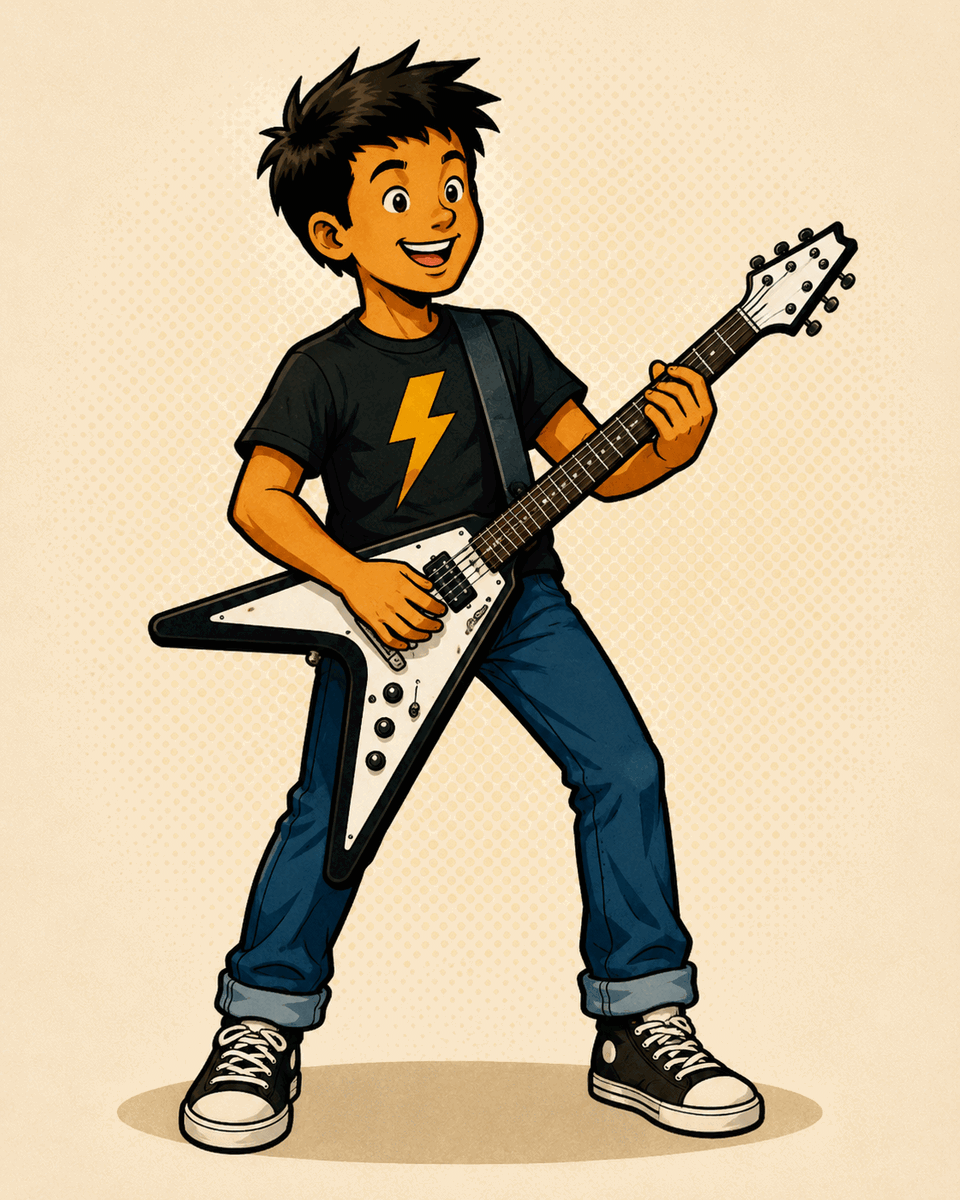 Illustrated young musician playing electric guitar.