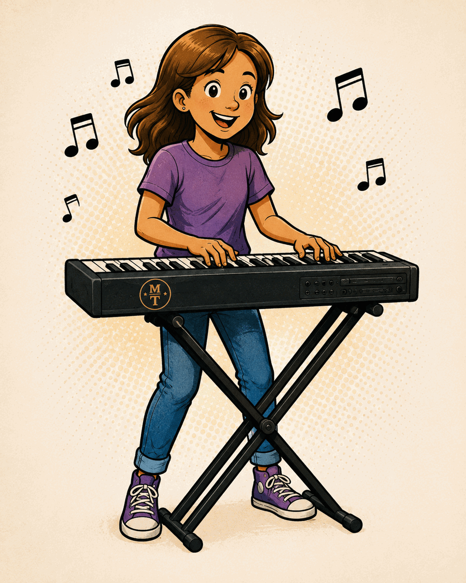 Illustrated young musician playing keyboard.
